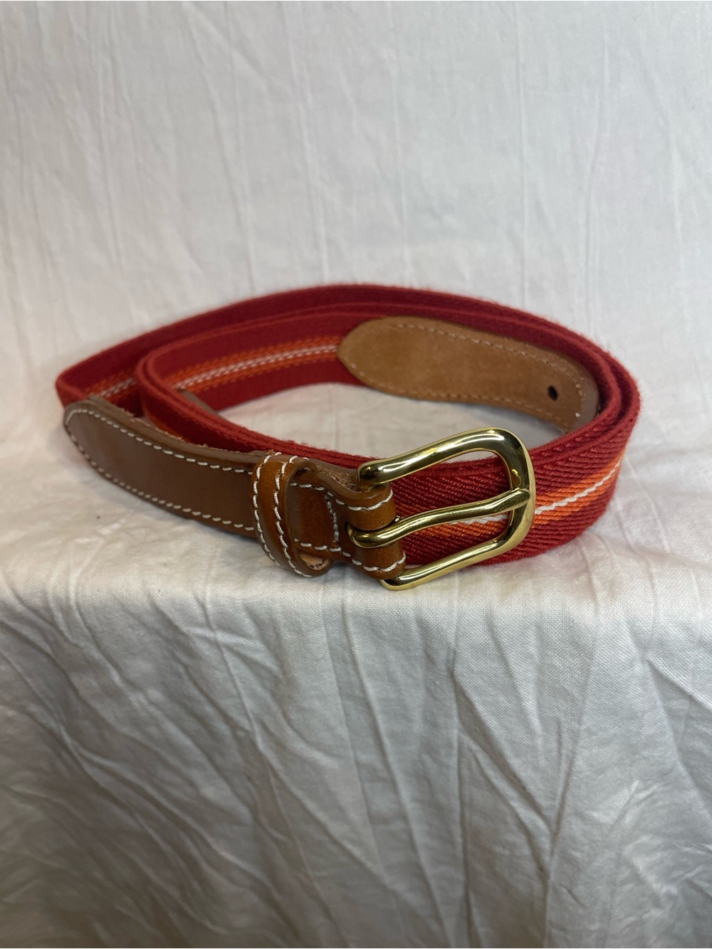 Orvis USA Woven Stretch Belt XL Red Leather Trim Brass Buckle Preppy Heritage